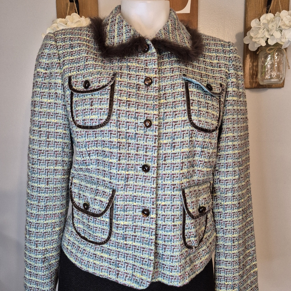 Tape Measure Faux Fur Collar Tweed Jacket
